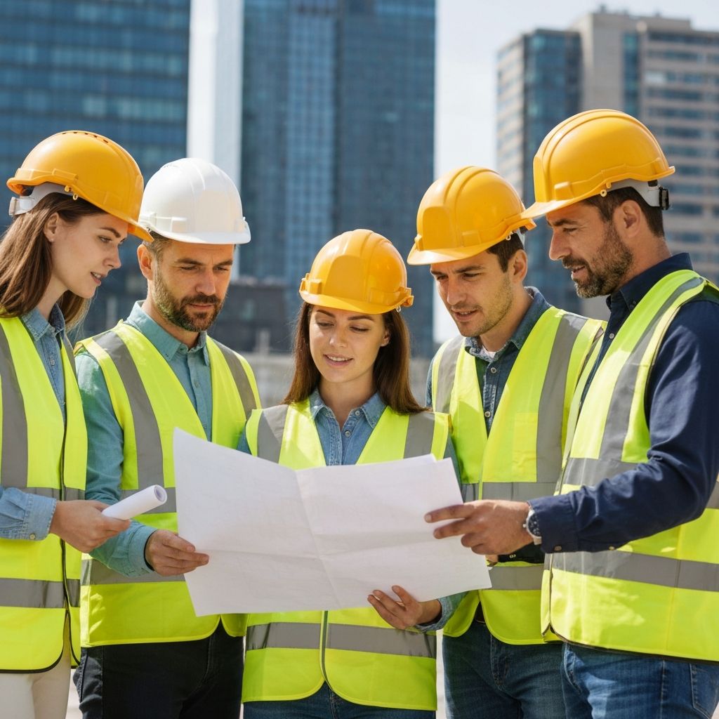 Construction team reviewing blueprints